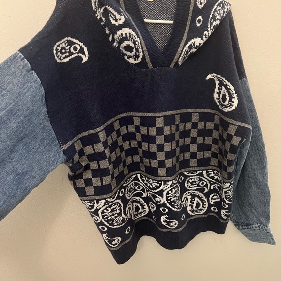 POL Navy and Gray V-Neck Sweater with hood and denim sleeve detail - Picture 3 of 8